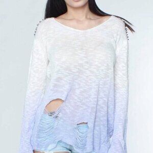 Reverse Distressed Ombré Spiked Shoulder Tie Dye Sweater Lavender Women Size S